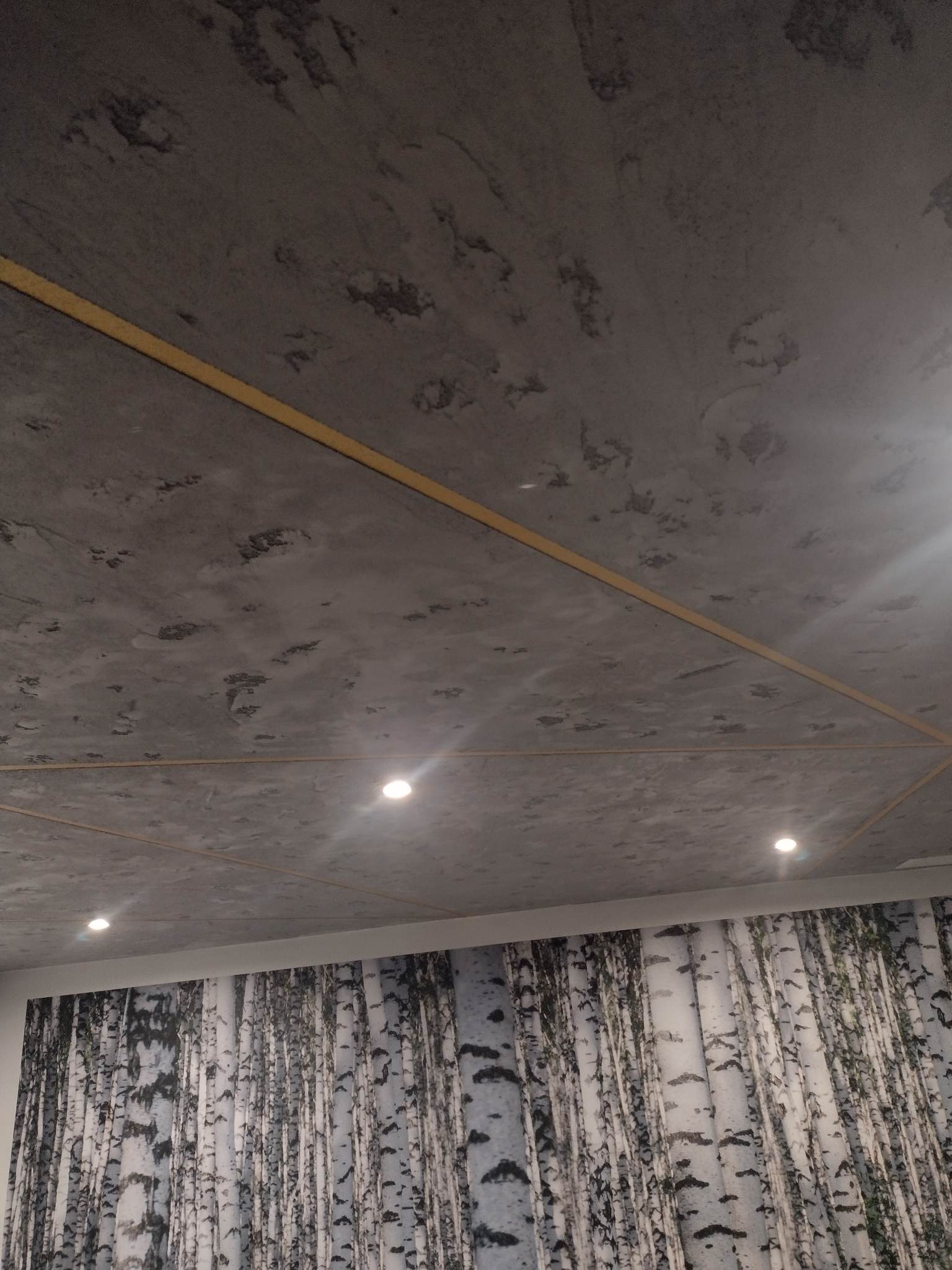 Szary sufit z efektem betonu, podzielony listwami w kolorze jasnego drewna, oświetlony trzema punktowymi lampami LED, z widoczną częścią ściany z fototapetą przedstawiającą brzozowy las.