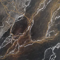 Czarno-szara ściana z efektem marmuru, podkreślona białymi i złotymi żyłkami, widoczny fragment grzejnika u dołu.