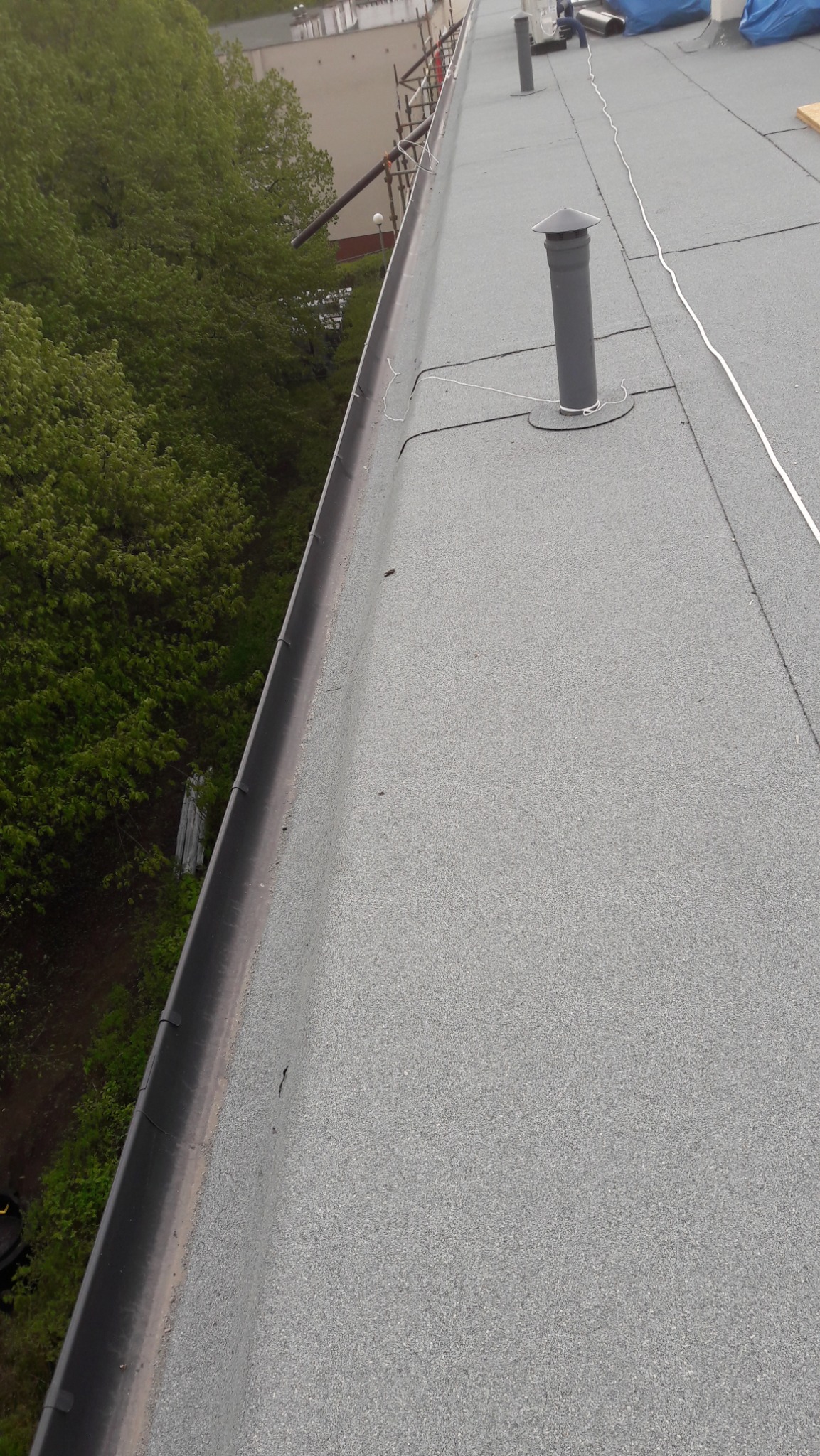 Szary, płaski dach pokryty papą, z widoczną rynną, kominkiem wentylacyjnym i białym przewodem, na tle zieleni drzew i fragmentu budynku.