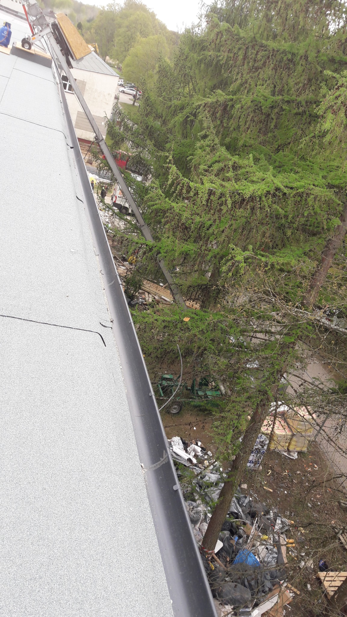 Szara papa na dachu z zamontowaną rynną, widok z góry na drzewa i śmieci na ziemi.