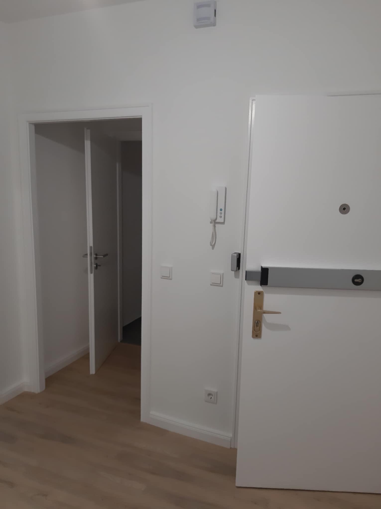 Wnętrze mieszkania z dwiema białymi drzwiami: jedne wejściowe z szarą listwą antypaniczną i domofonem, drugie otwarte prowadzące do innego pomieszczenia, jasna podłoga.