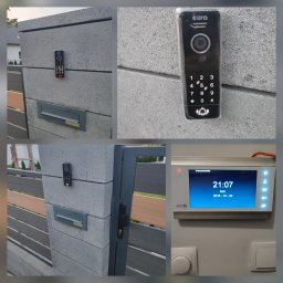 OMIautomatyka - Zestaw domofonowy z panelem zewnętrznym zamontowanym na betonowym słupku ogrodzenia oraz wewnętrznym panelem z ekranem dotykowym, wyświetlającym godzinę i datę.