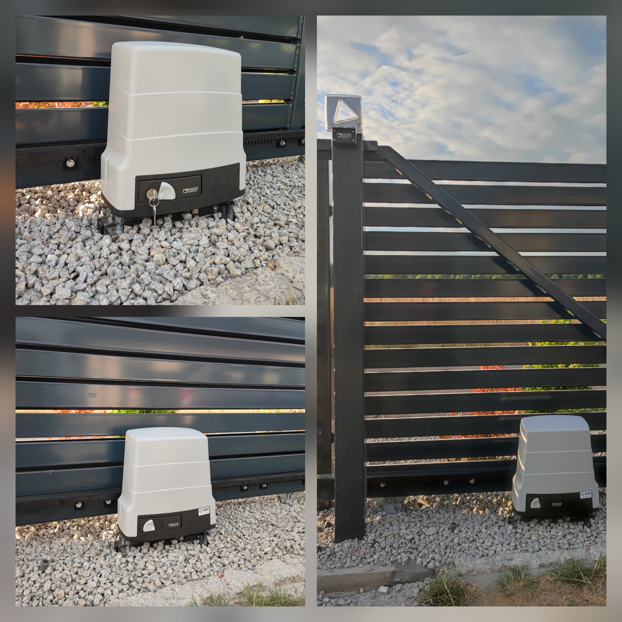 Zamontowany napęd bramy przesuwnej Roger Technology z kluczem w zamku, widoczny na tle szarej bramy i kamienistego podłoża.