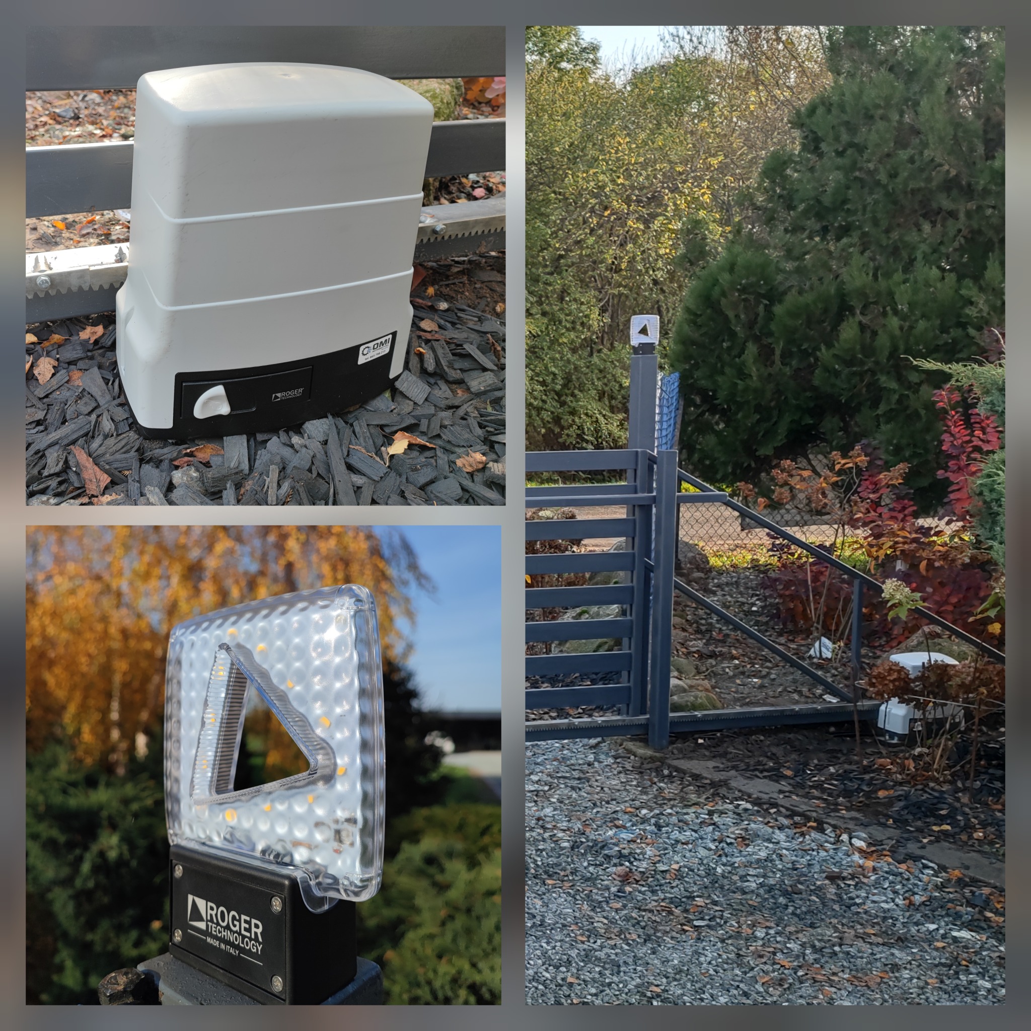 Zestawienie: napęd bramy przesuwnej zamontowany na czarnym podłożu z kory, brama z szarych profili z lampą ostrzegawczą na słupku, zbliżenie lampy ostrzegawczej z logo producenta Roger Technology.