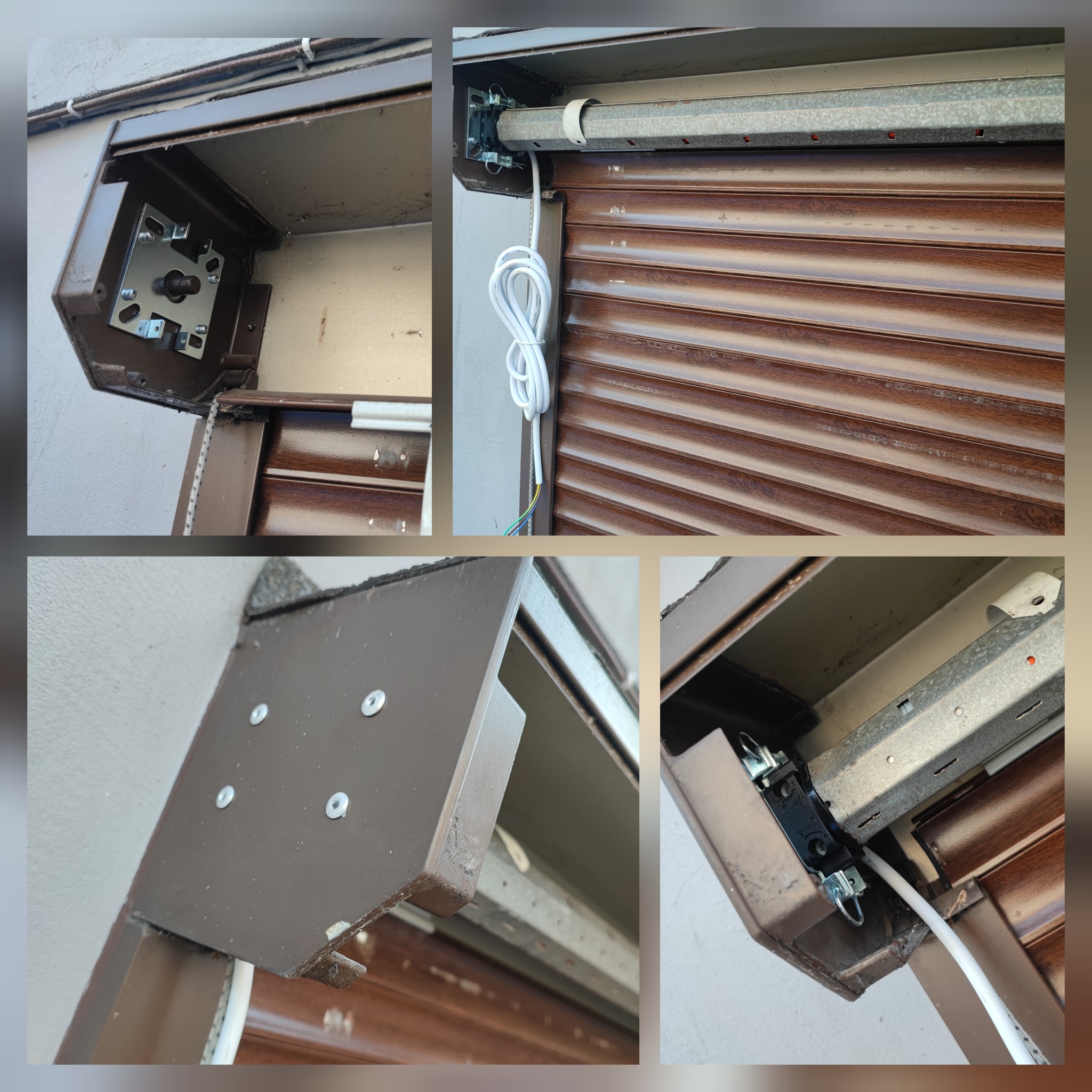 Zestawienie detali montażu brązowej rolety zewnętrznej z widocznym mechanizmem, mocowaniami i kablem elektrycznym.