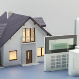 System alarmowy z centralą, czujnikami ruchu i syreną alarmową, prezentowany na tle modelu domu jednorodzinnego w Krakowie. Na ekranie centrali widoczny status 'rozbrojony'.