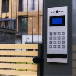 Nowoczesny panel domofonowy z kamerą i klawiaturą numeryczną, zamontowany na metalowym słupku bramy wjazdowej z drewnianymi poprzeczkami, na tle budynku mieszkalnego.