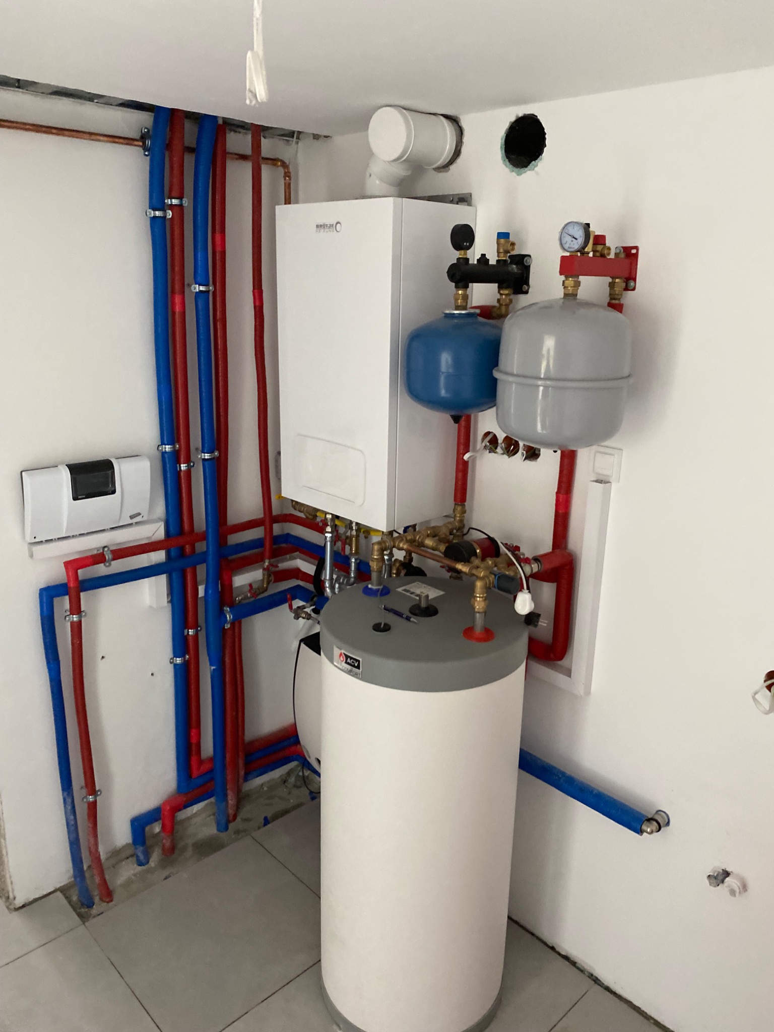 Nowoczesna kotłownia w trakcie instalacji: biały piec gazowy Brötje z zbiornikiem na wodę ACV, niebieskie i czerwone rury prowadzone wzdłuż ściany, widoczne elementy instalacji hydraulicznej...