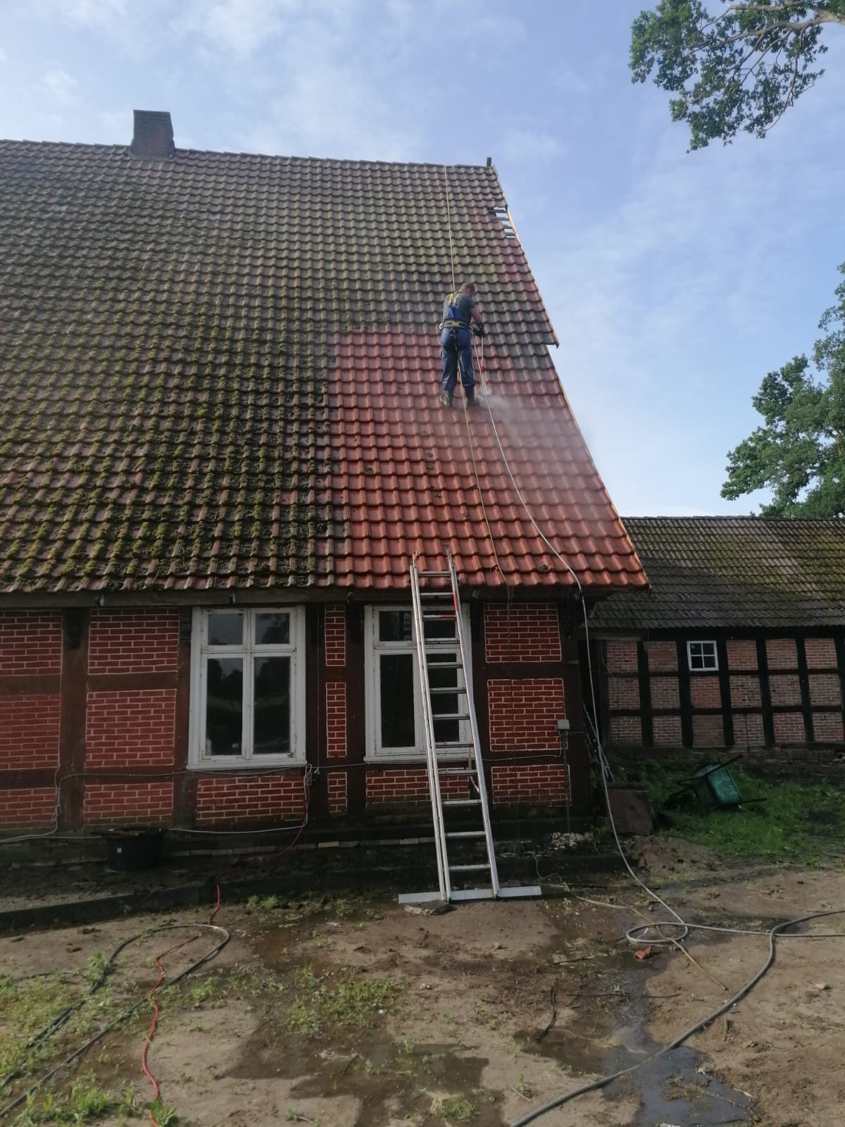 Mycie dachu z dachówki. Widoczna różnica między umytą a zabrudzoną częścią dachu. Pracownik w kombinezonie na drabinie czyści dach myjką ciśnieniową.