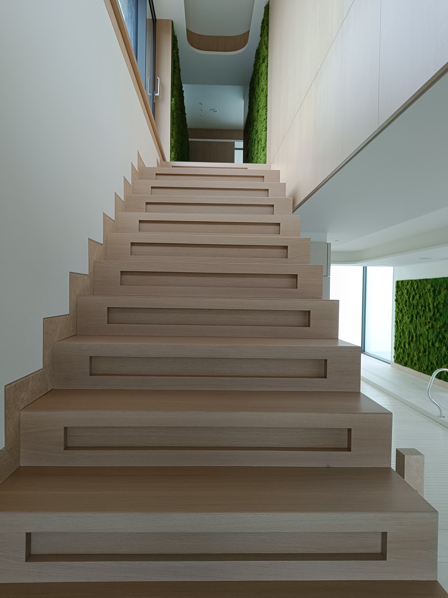 Nowoczesne, drewniane schody z dekoracyjną ścianą z mchu w jasnym wnętrzu.