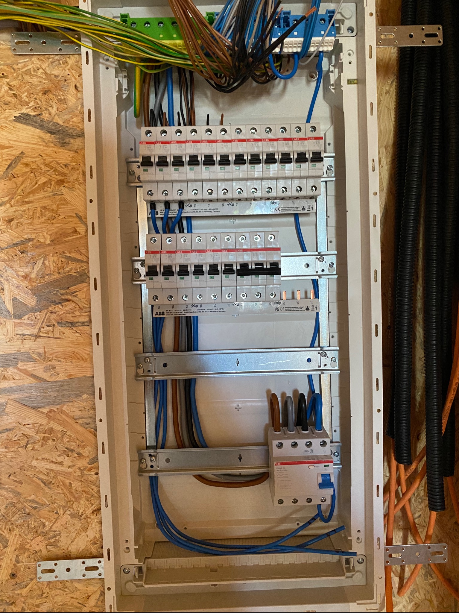 Otwarta skrzynka rozdzielcza z zamontowanymi bezpiecznikami ABB i poprowadzonymi przewodami w różnych kolorach, widoczna na tle ściany z płyty OSB i czarnych peszli.