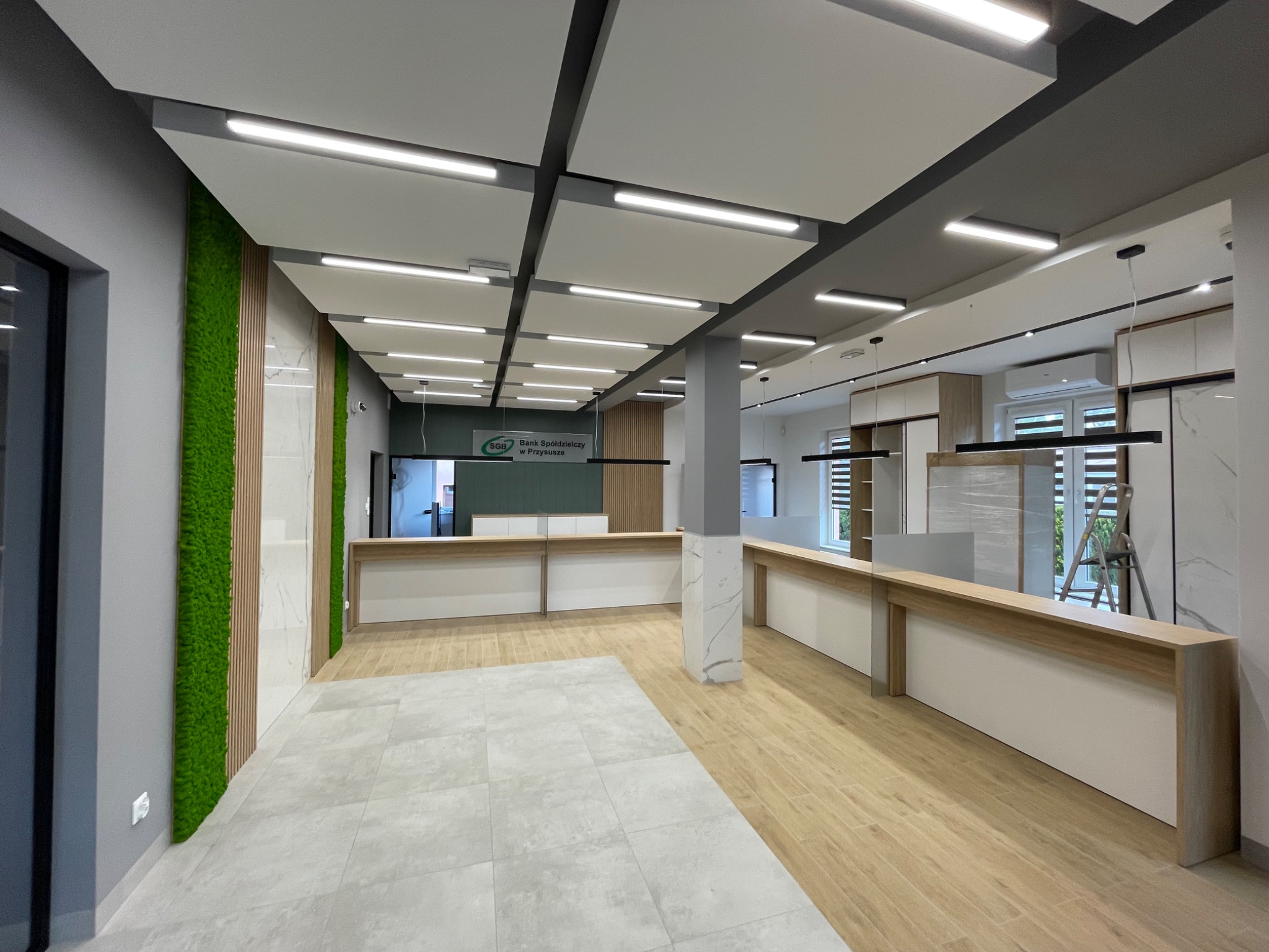 Nowoczesne oświetlenie LED w biurze: podwieszany sufit z panelami i liniowymi lampami. Elementy dekoracyjne z mchu i drewna. Jasne wnętrze z drewnianą podłogą.
