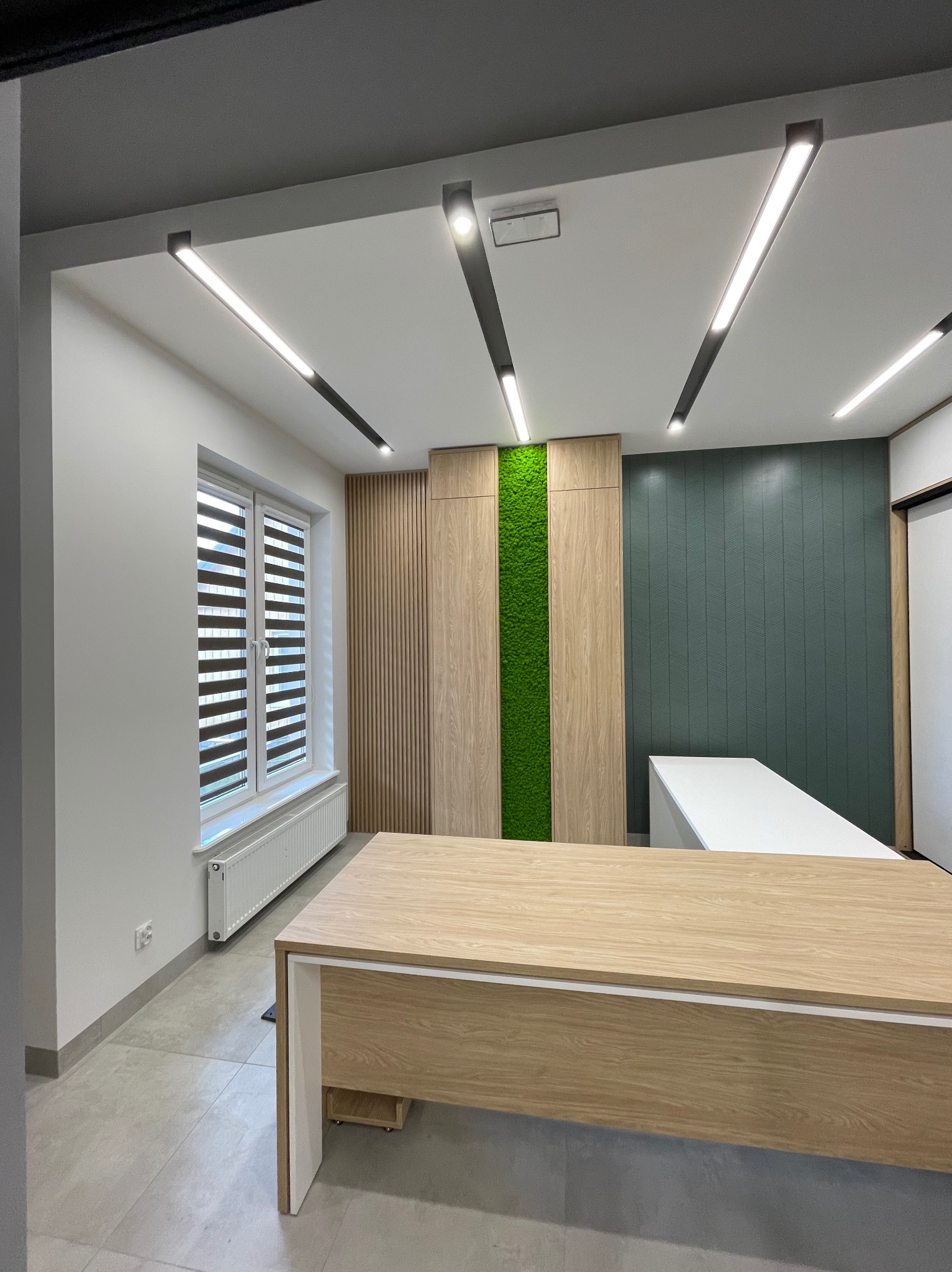 Nowoczesne biuro z oświetleniem LED w czarnych oprawach. Widoczne biurka z jasnego drewna, ściany z panelami i zielony mech dekoracyjny. Minimalistyczny design.