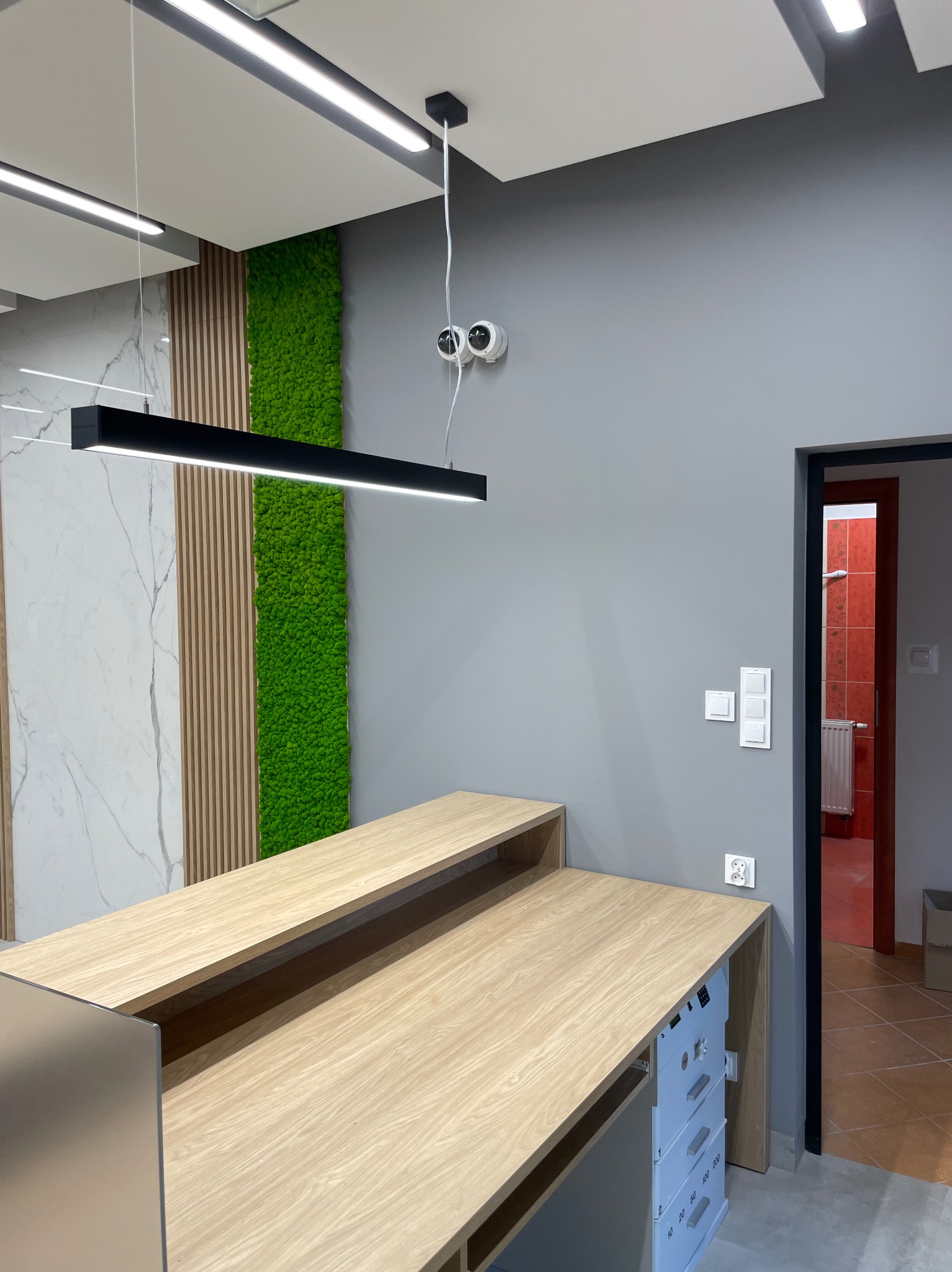 Nowoczesne biuro z recepcją: długa, jasna lada, oświetlenie LED, ściana z mchu i marmuru. Dwie kamery bezpieczeństwa nad ladą. Widoczne włączniki światła.