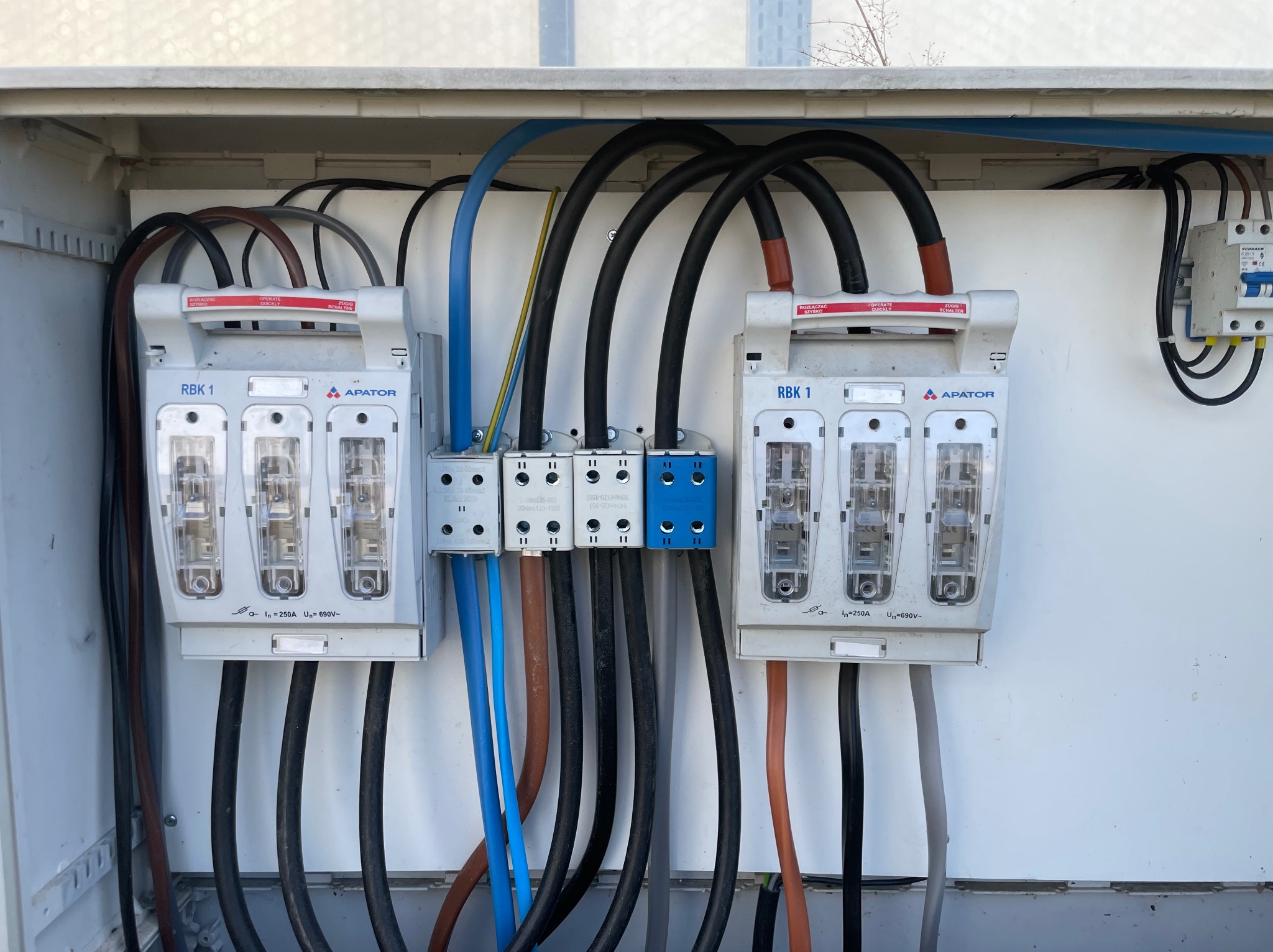 Rozdzielnica elektryczna z bezpiecznikami APATOR RBK1 i przewodami w kolorach: czarnym, niebieskim, brązowym oraz żółto-zielonym. Widoczne zabezpieczenia i kable.