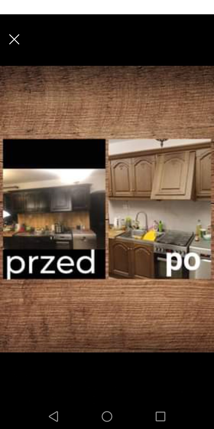 Porównanie kuchni przed i po renowacji: ciemne szafki przed, jasne szafki po remoncie, widoczny zlew i kuchenka.