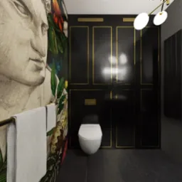 Nowoczesna łazienka z tapetą w motywy roślinne i portret, czarne szafki z złotymi akcentami, biała toaleta i złoty wieszak na ręczniki.