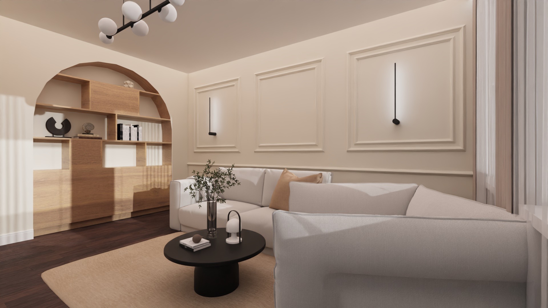 Jasne wnętrze salonu z kremowymi ścianami, białymi sofami i okrągłym stolikiem kawowym na beżowym dywanie, oświetlone nowoczesnymi lampami ściennymi i lampą sufitową z kulistymi kloszami, z półkami...