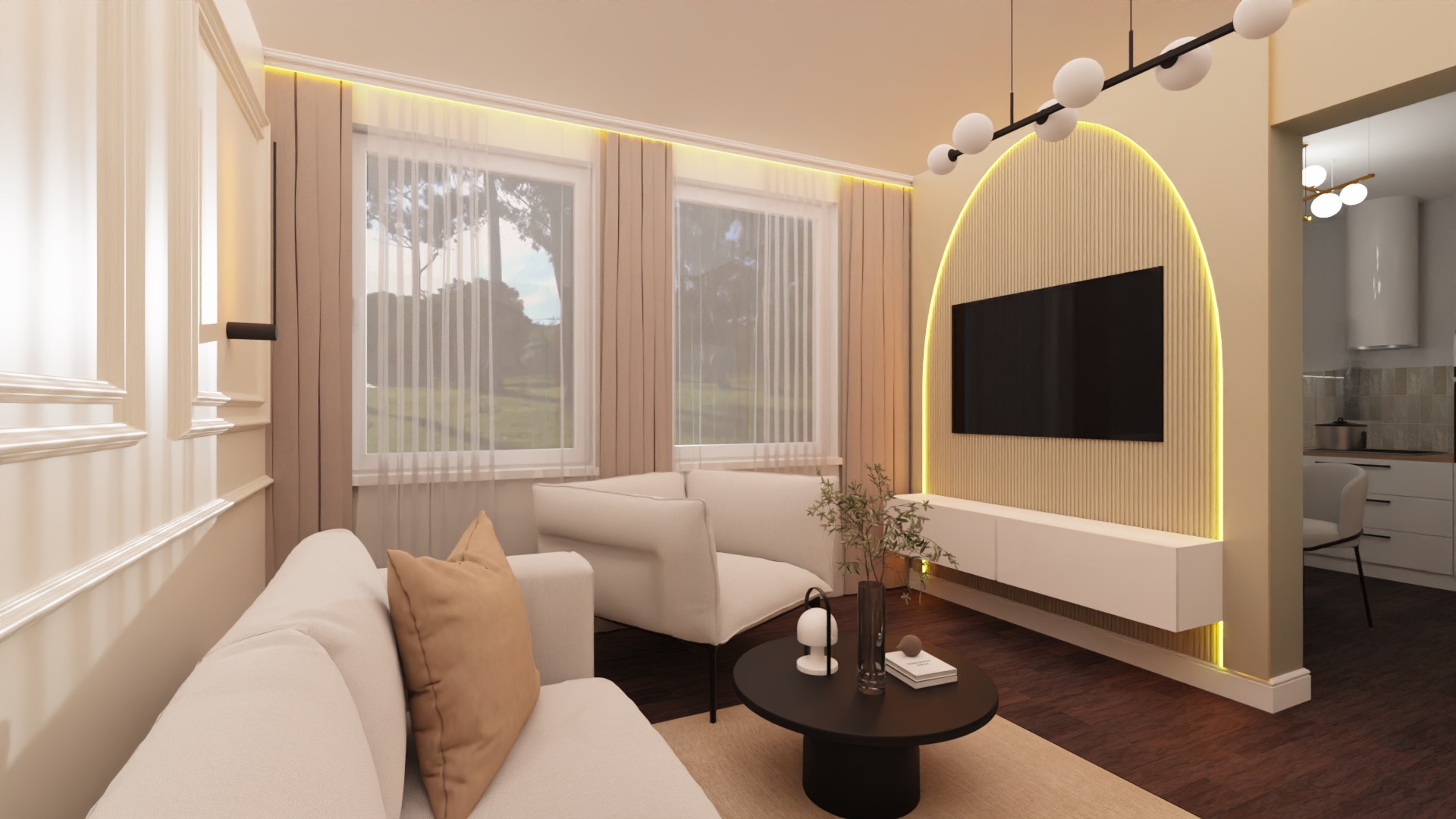 Salon w stylu modern classic z beżowymi ścianami, białymi meblami, telewizorem na ścianie z podświetleniem LED oraz widokiem na kuchnię w tle.