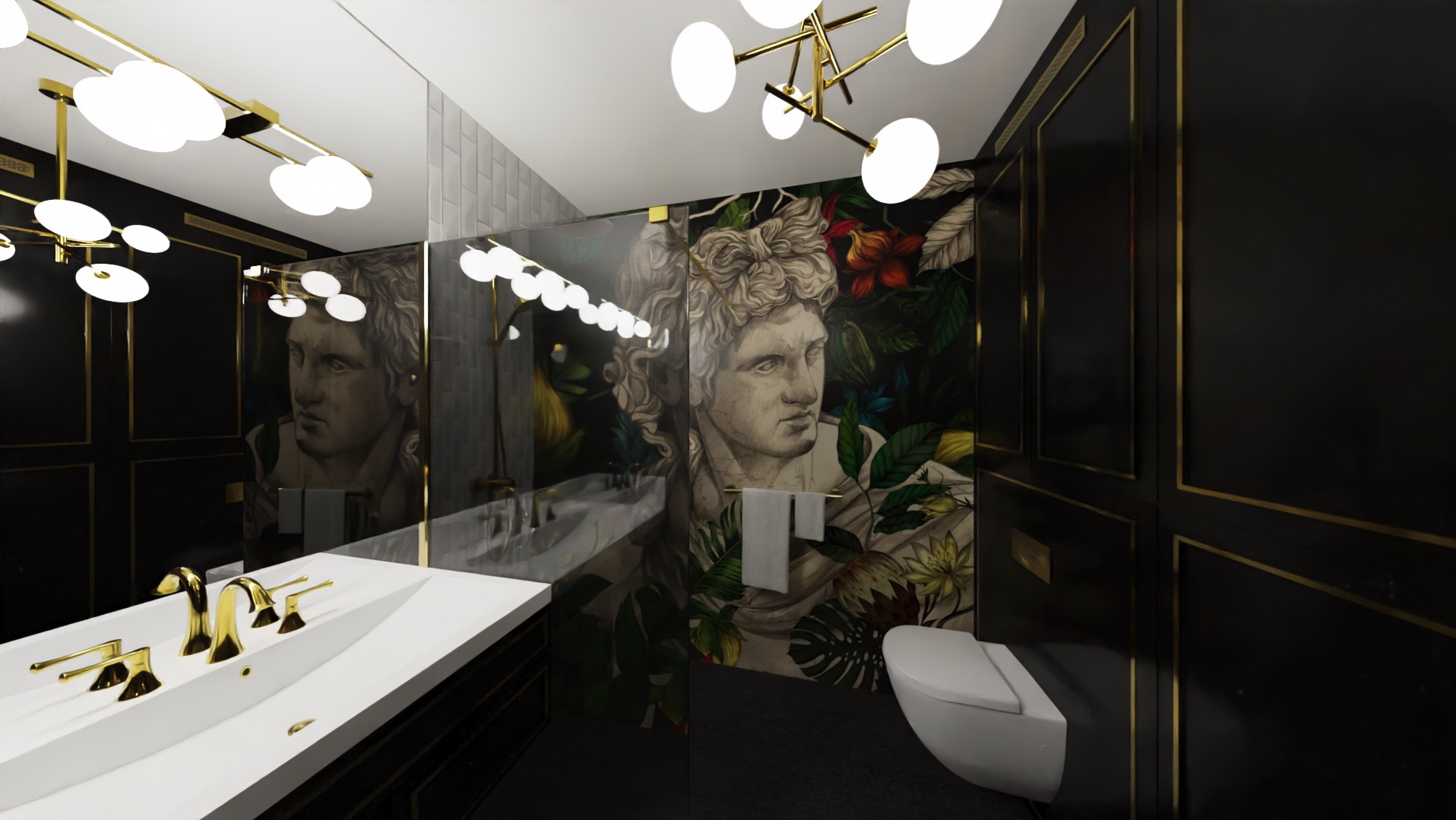 Elegancka łazienka w czerni i złocie z umywalką z wieloma kranami, dekoracyjną tapetą z motywem rzeźby i roślin oraz nowoczesnym oświetleniem.