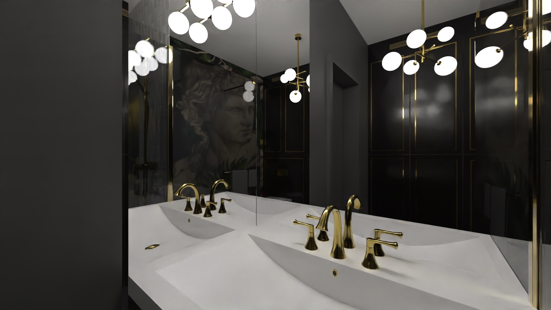 Elegancka łazienka z podwójną umywalką o futurystycznym kształcie, złotą armaturą i oświetleniem kulistym; na ścianie widoczny motyw graficzny nawiązujący do antyku.