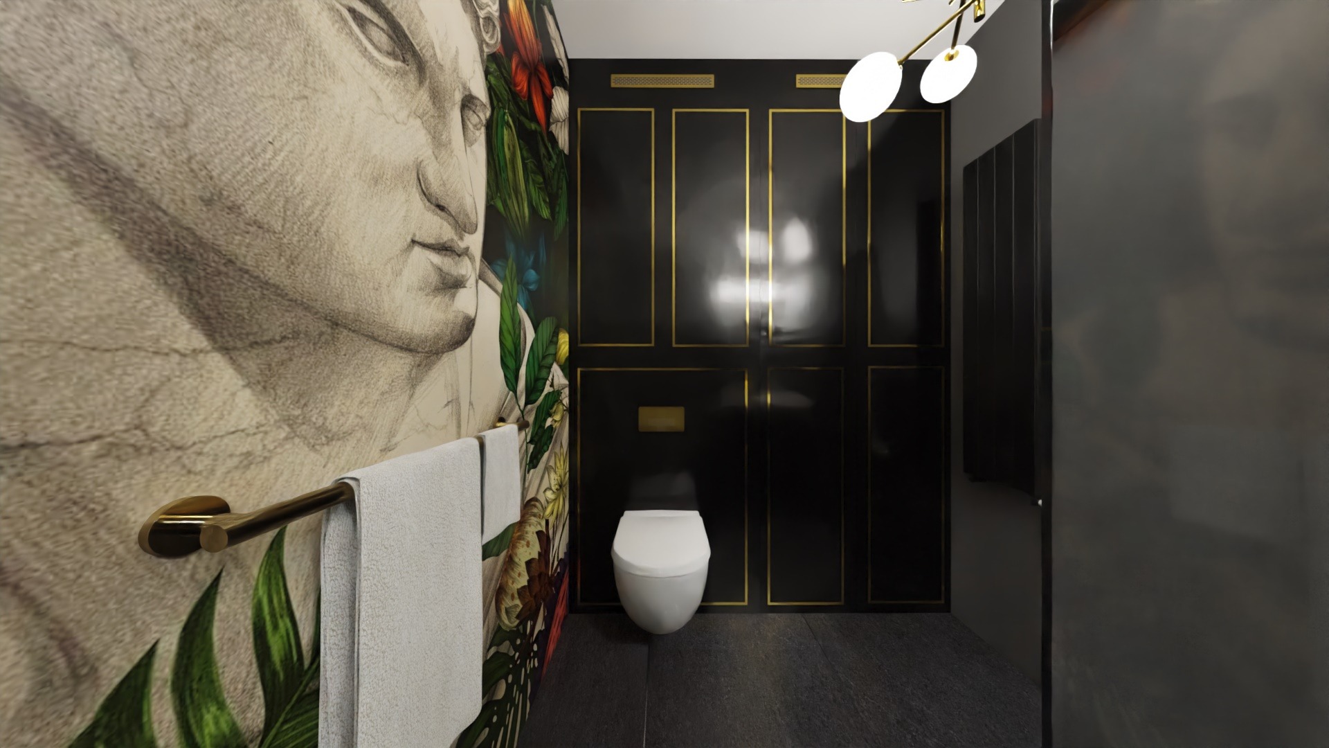 Nowoczesna łazienka z tapetą w motywy roślinne i portret, czarne szafki z złotymi akcentami, biała toaleta i złoty wieszak na ręczniki.