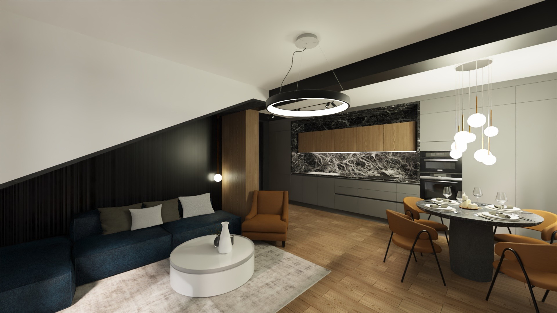 Wizualizacja salonu z aneksem kuchennym: ciemnoniebieska sofa modułowa, okrągły stolik kawowy, marmurowy backsplash w kuchni, okrągła lampa nad stołem jadalnym.