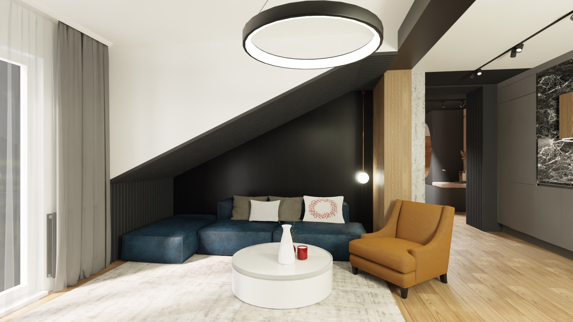 Nowoczesny salon na poddaszu z niebieską sofą modułową, okrągłym białym stolikiem kawowym, musztardowym fotelem i oświetleniem LED w kształcie pierścienia.