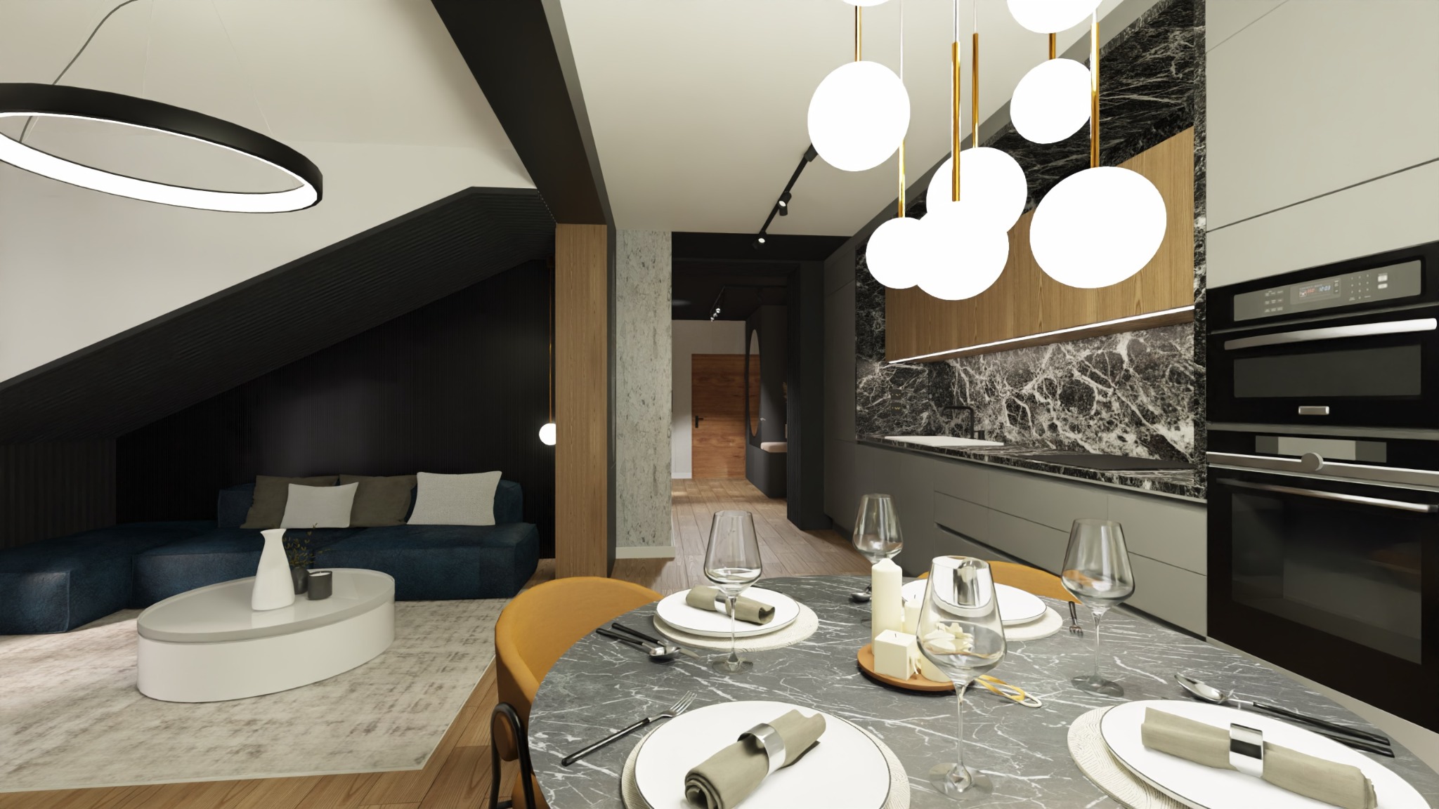 Wnętrze mieszkania z otwartą kuchnią, jadalnią i salonem; widoczny stół z marmurowym blatem i nakryciem, nowoczesna zabudowa kuchenna z czarnym marmurem, narożnik w salonie pod skosem dachu...