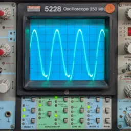 Oscyloskop analogowy marki Sefram model 5228 z wyświetlonym sygnałem sinusoidalnym, widoczne pokrętła i przyciski sterujące, naklejka 'XS' na pokrętle DUREE/DIV.