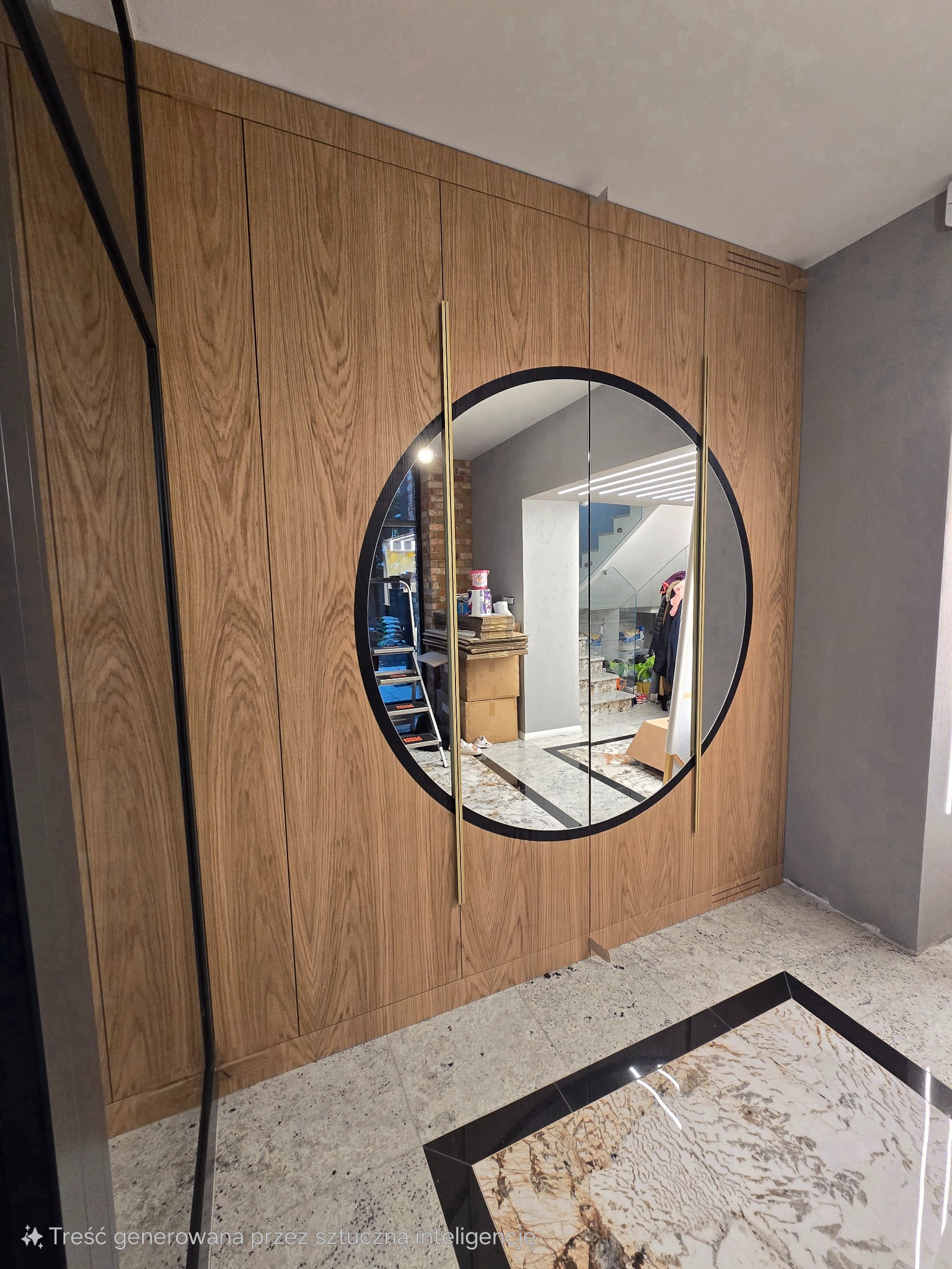 Szafa z szczotkowanymi frontami w połączeniu z lustrem.