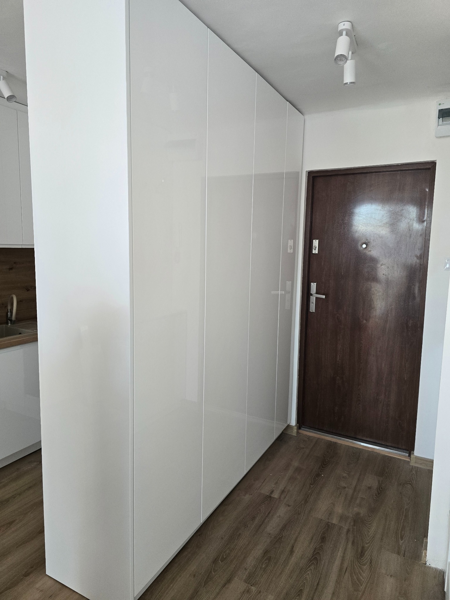 Biała, wysoka szafa wnękowa z połyskiem, przylegająca do ściany w korytarzu. Obok ciemne drzwi wejściowe i fragment blatu kuchennego. Minimalistyczny design.