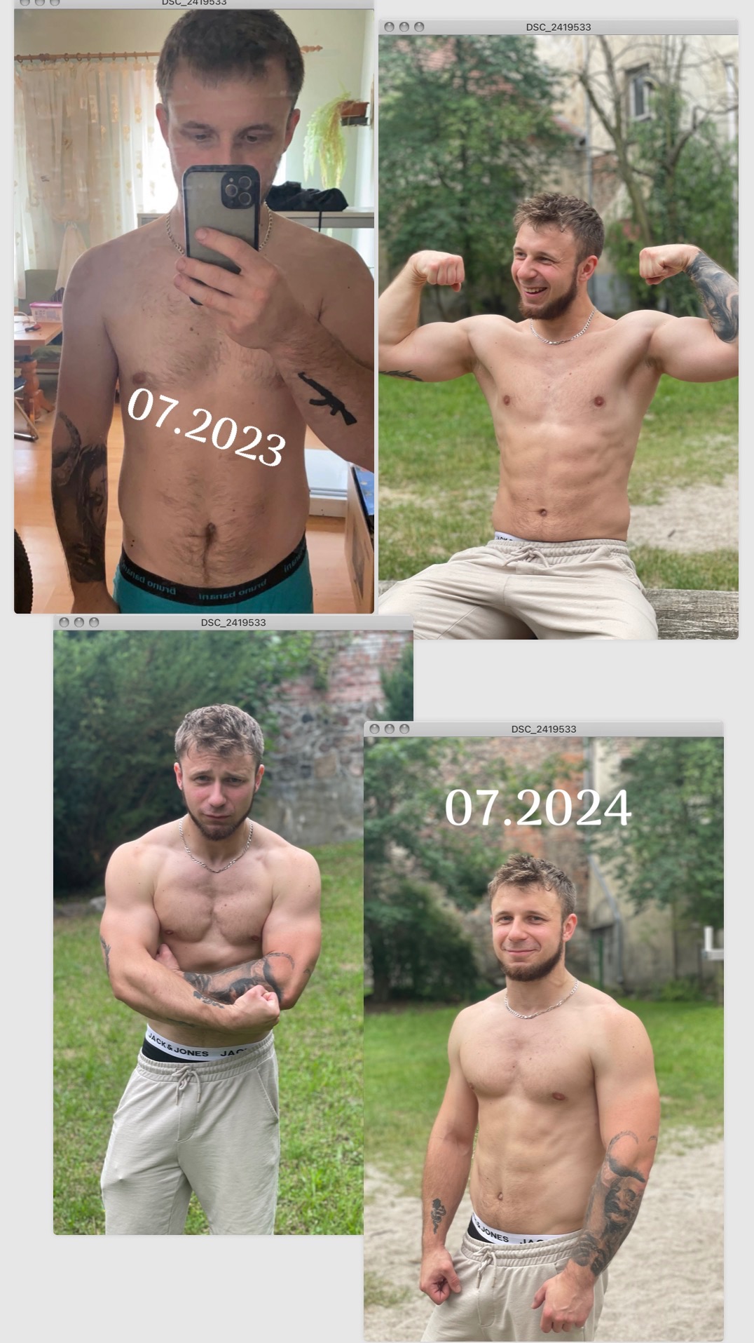 Mężczyzna prezentuje metamorfozę sylwetki na kolażu czterech zdjęć, ukazując postępy od lipca 2023 do lipca 2024. Widoczne zmiany w definicji mięśni i redukcji tkanki tłuszczowej.