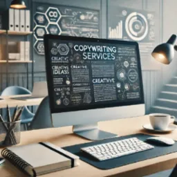 Monitor wyświetla koncepcje kreatywne i usługi copywritingowe na biurku z notesem, klawiaturą, myszką i kawą.