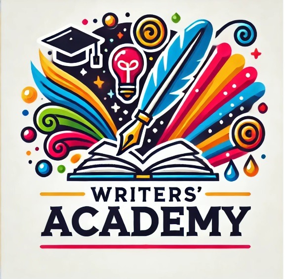 Kolorowa ilustracja: otwarta książka, pióro, żarówka, biret i napis 'Writers' Academy'.