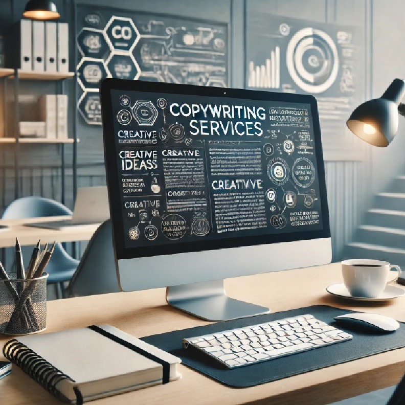 Monitor wyświetla koncepcje kreatywne i usługi copywritingowe na biurku z notesem, klawiaturą, myszką i kawą.