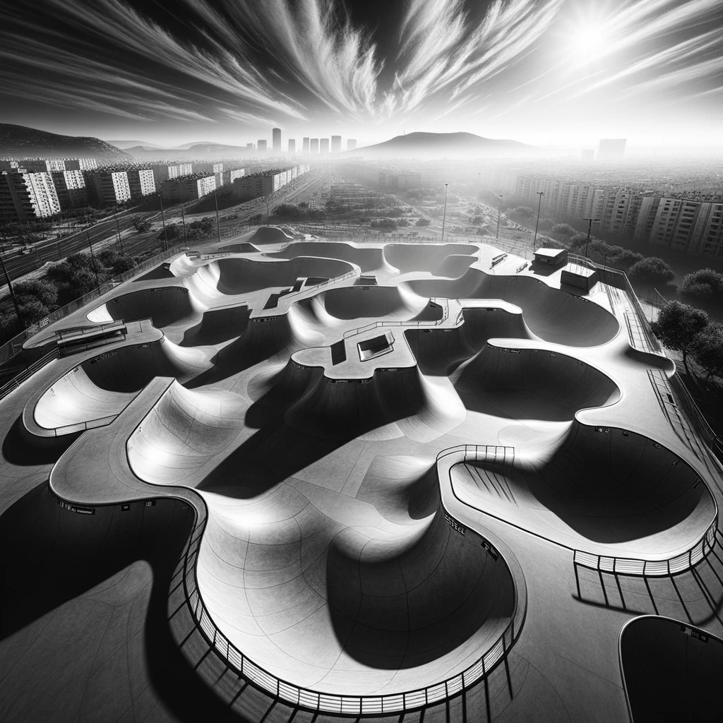 Czarno-białe ujęcie z lotu ptaka na betonowy skatepark z licznymi rampami i misami, otoczony zabudową miejską i górami w tle, oświetlony intensywnym światłem słonecznym.