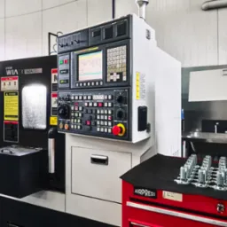 Precyzyjna obrabiarka CNC firmy UNDA WIA E160A z panelem sterowania, obok na czerwonym wózku warsztatowym ułożone w rzędach metalowe śruby z gwintem.