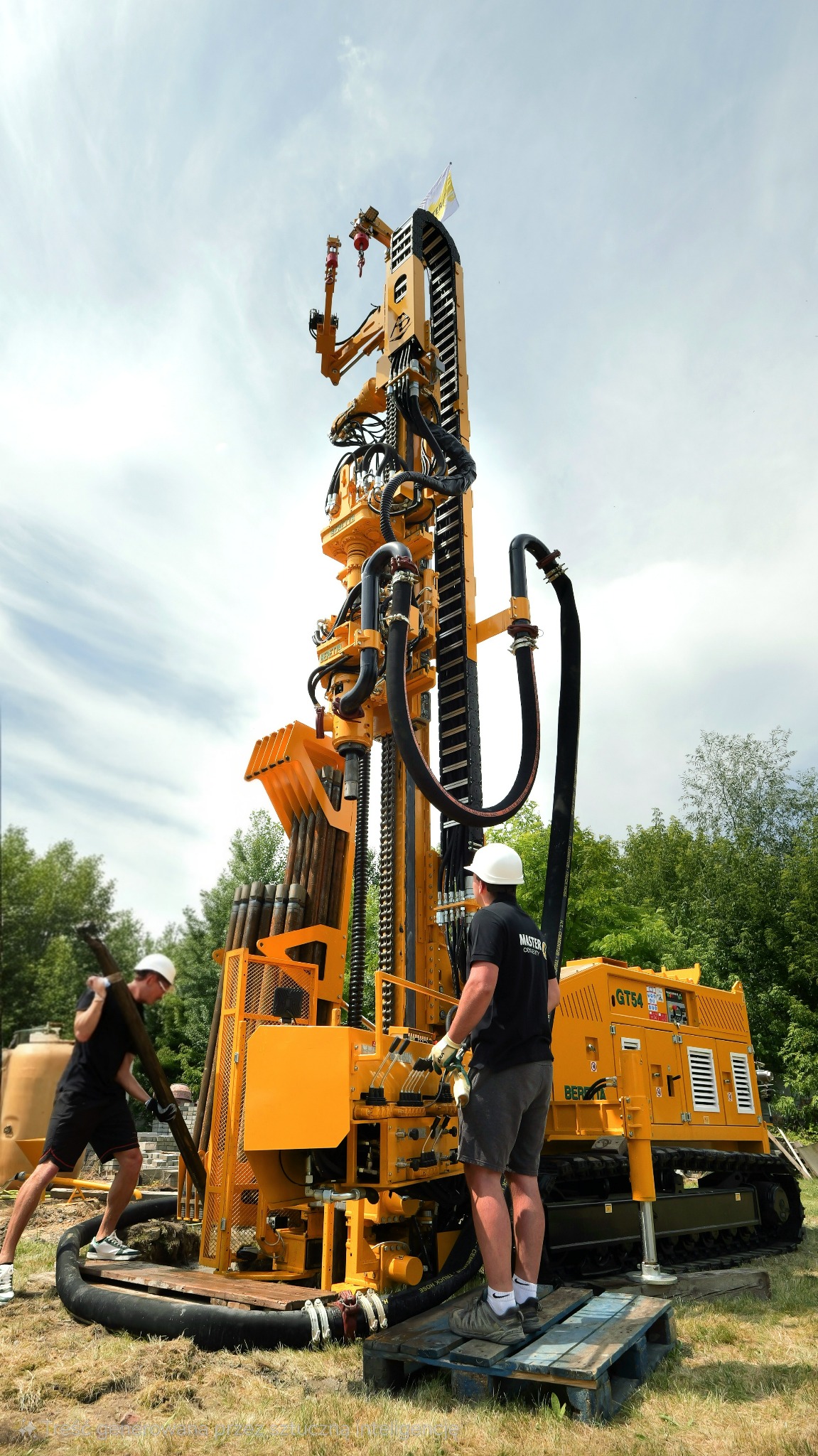 Żółta wiertnica Beretta GT54 w akcji, obsługiwana przez dwóch pracowników w kaskach, na tle zieleni i błękitnego nieba z chmurami.