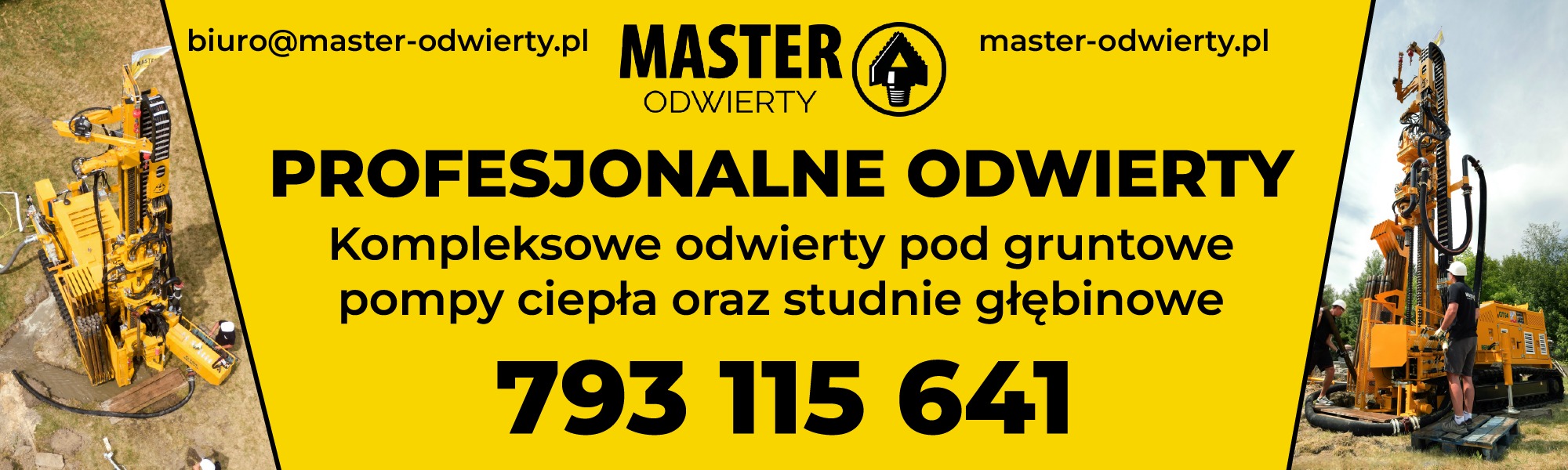 Żółty baner reklamowy z hasłem 'Profesjonalne odwierty', numerem telefonu i zdjęciami maszyn do odwiertów pod pompy ciepła i studnie głębinowe.