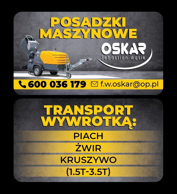 Wizytówka firmy oferującej posadzki maszynowe i transport wywrotką piachu, żwiru i kruszywa, z logo i danymi kontaktowymi.