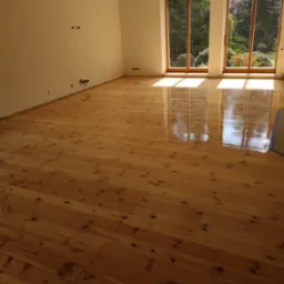 Jasna, drewniana podłoga po lakierowaniu w pustym pokoju z dwoma oknami, widoczne refleksy światła słonecznego na powierzchni.