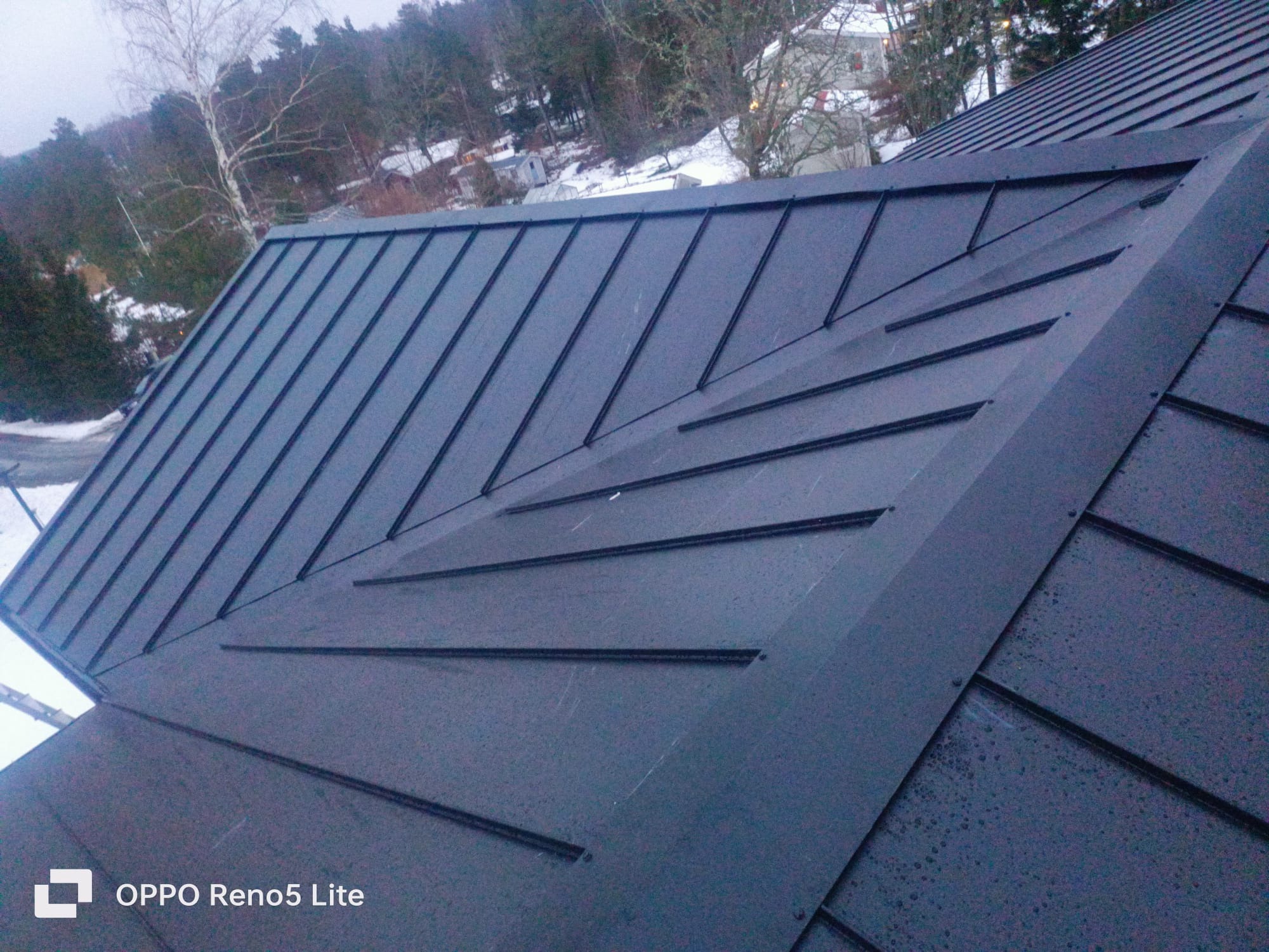 Nowe, ciemne poszycie dachu z blachy na tle zimowego krajobrazu z drzewami i śniegiem.