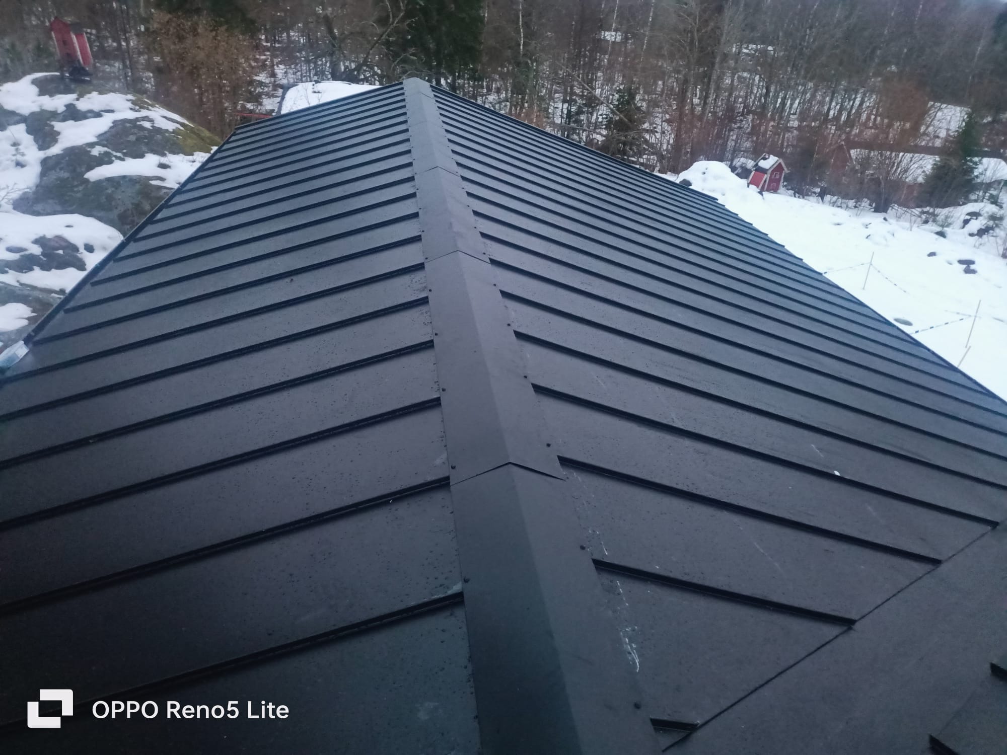 Nowy, ciemny dach z blachy na tle zimowego krajobrazu z drzewami i śniegiem, widoczne detale łączeń blachy.