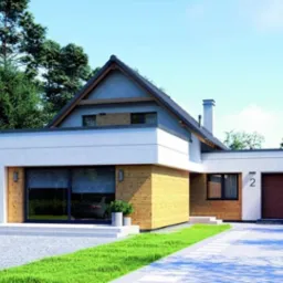 Wizualizacja nowoczesnego domu jednorodzinnego z garażem, wykończonego drewnem i białym tynkiem, z widocznym oknem tarasowym z roletami i numerem domu '2' nad bramą garażową.