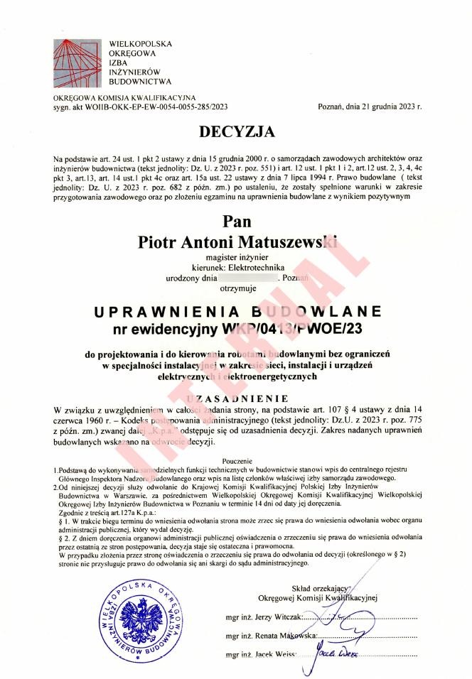Skan decyzji o uprawnieniach budowlanych w specjalności instalacyjnej w zakresie sieci, instalacji i urządzeń elektrycznych i elektroenergetycznych dla inżyniera elektrotechniki, wydanej przez...