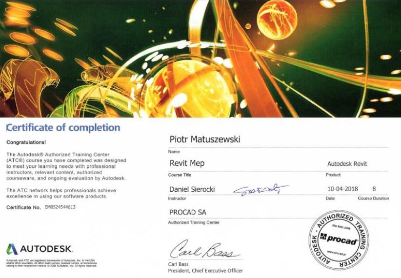Certyfikat ukończenia kursu Autodesk Revit MEP przez Piotra Matuszewskiego, wystawiony przez PROCAD SA z Poznania, potwierdzający kompetencje w projektowaniu instalacji.