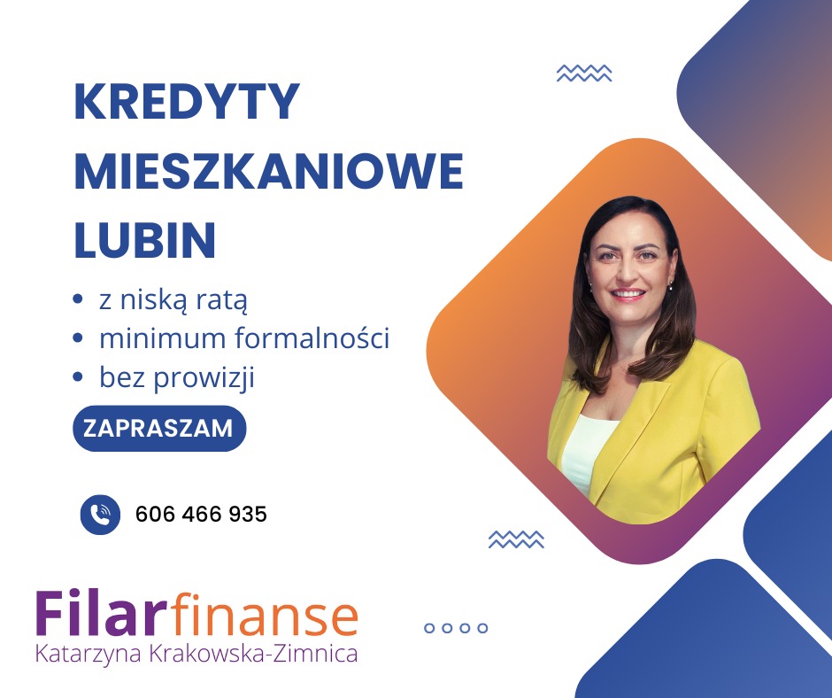 Grafika reklamowa z uśmiechniętą kobietą w żółtej marynarce, oferująca kredyty mieszkaniowe w Lubinie z niską ratą, minimum formalności i bez prowizji, numer telefonu i logo firmy Filarfinanse...