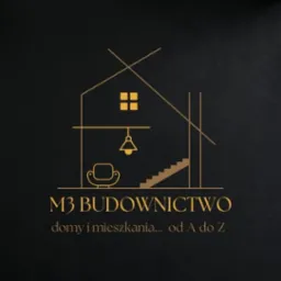 Złote logo firmy budowlanej M3 Budownictwo na czarnym tle, przedstawiające zarys domu z oknami, schodami, lampą i fotelem, z hasłem 'domy i mieszkania... od A do Z'.