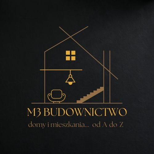 Złote logo firmy budowlanej M3 Budownictwo na czarnym tle, przedstawiające zarys domu z oknami, schodami, lampą i fotelem, z hasłem 'domy i mieszkania... od A do Z'.